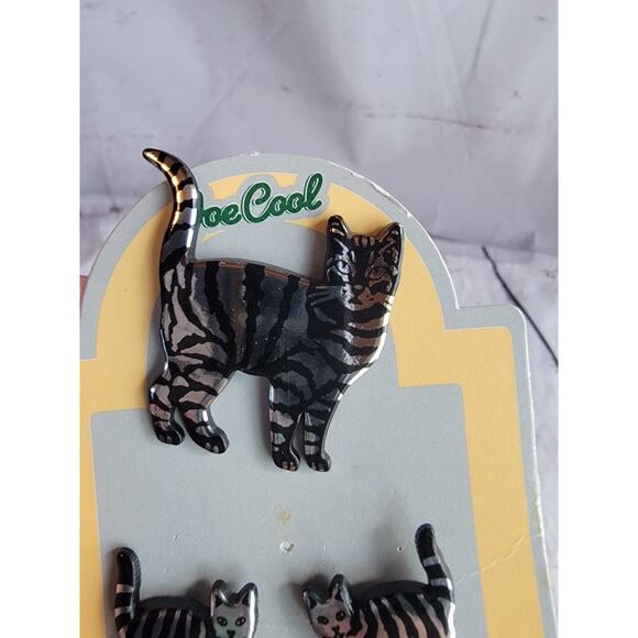 Joe Cool Silver Tabby Cat Pin Earings NOS Made In UK - Picture 4 of 6